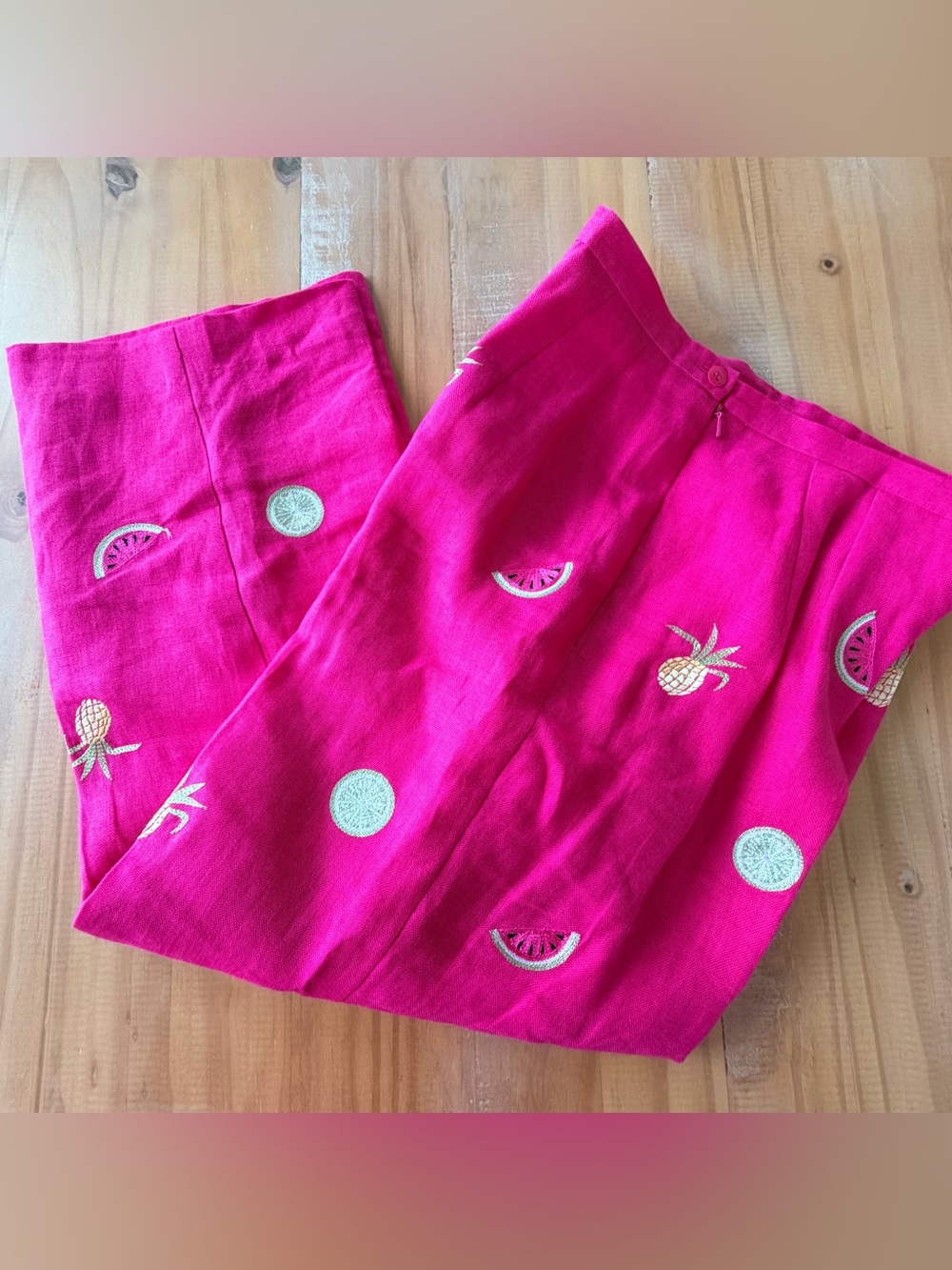 Talbots Hot Pink Wide Leg Pants with Fruit Embroidery
